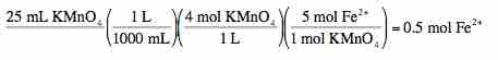 Stoichiometric calculation to determine moles of Fe2+